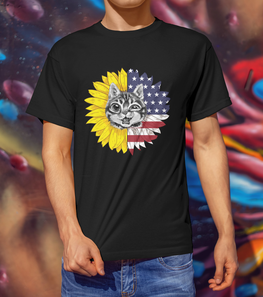 CAT LOVERS Sunflower American Flag Winking Cat T-Shirt
