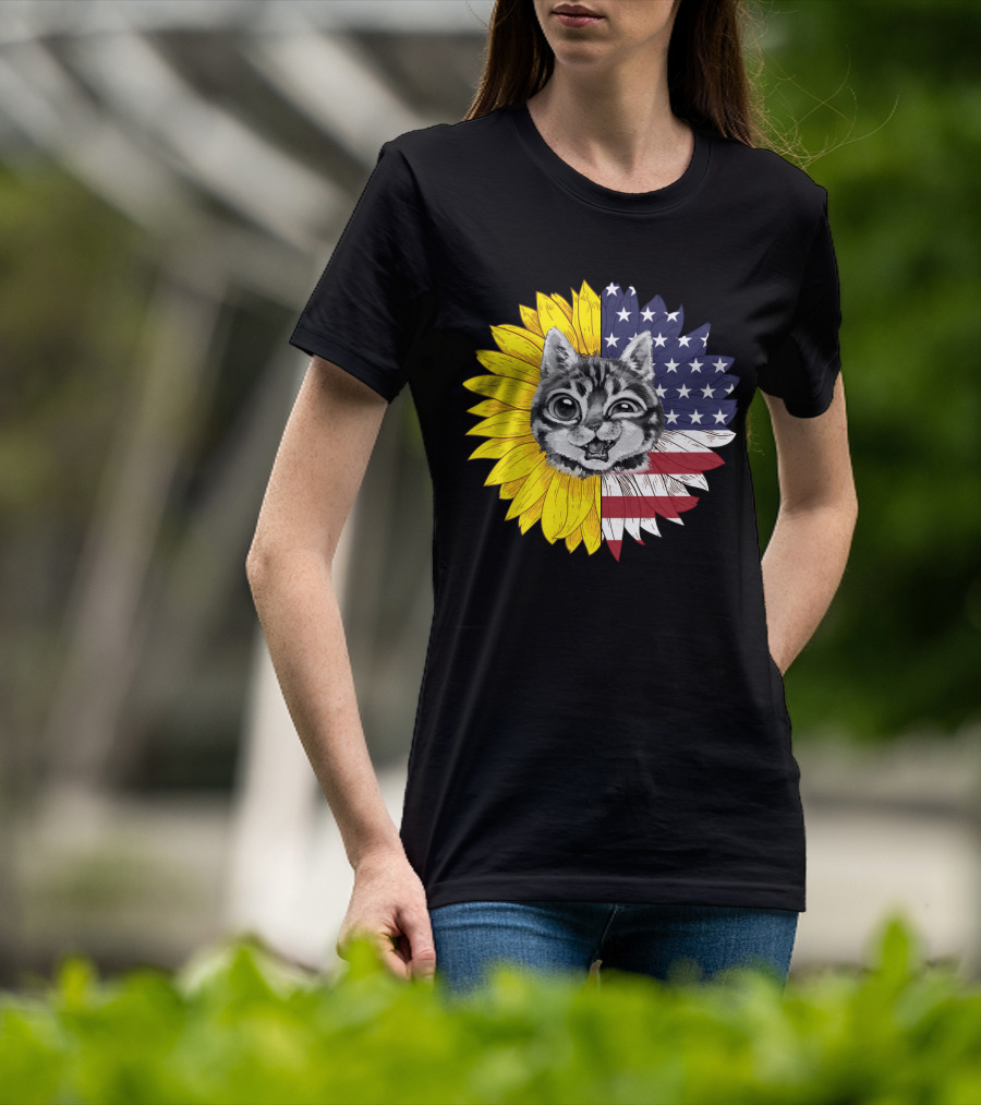 CAT LOVERS Sunflower American Flag Winking Cat T-Shirt