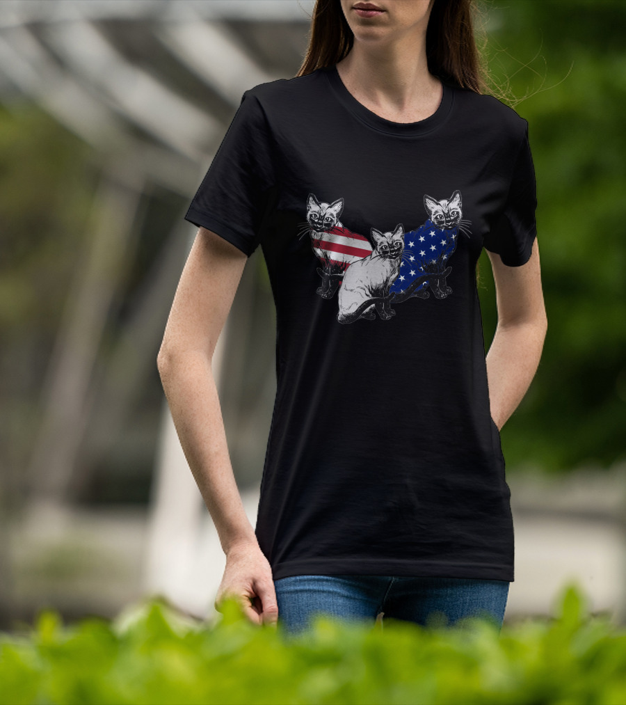 Siamese Cats American Flag July Independence Day T-Shirt