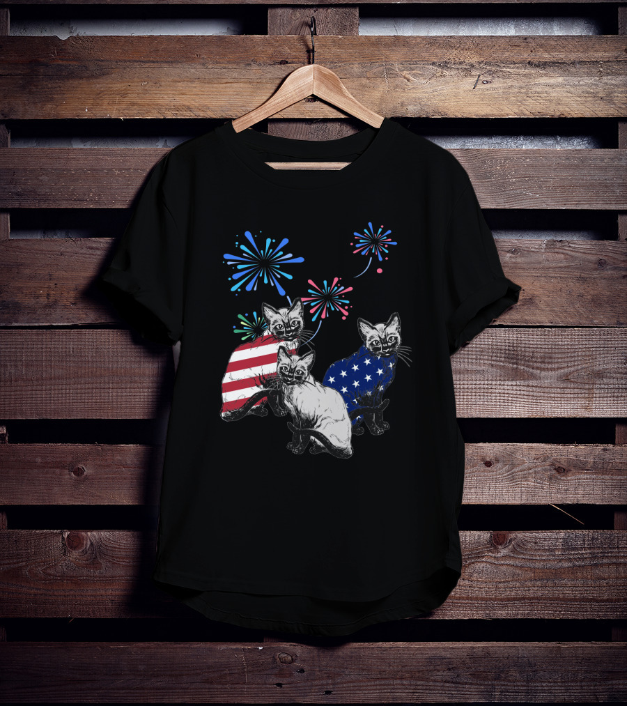 SiameseJuly Cats With Fireworks And American Flag T-Shirt