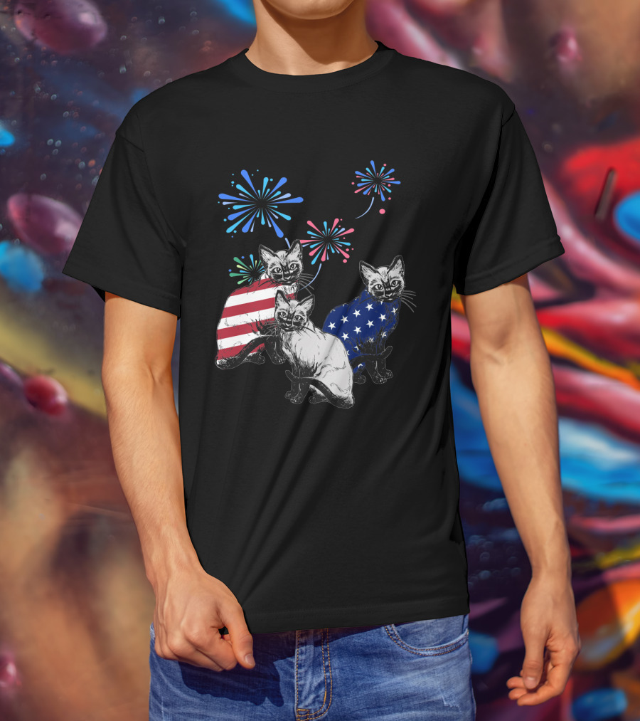 SiameseJuly Cats With Fireworks And American Flag T-Shirt