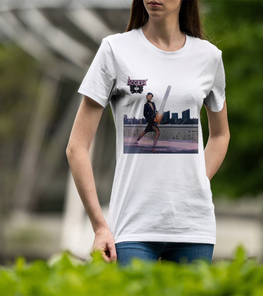 Accept Chainsaw Woman Cityscape Scene T-Shirt