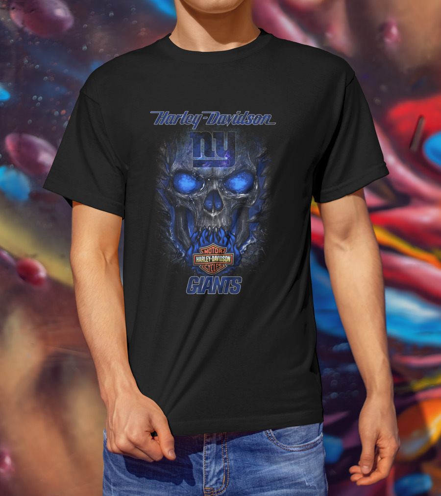 Harley Davidson New York Giants Skull And Motor Cycles T-Shirt