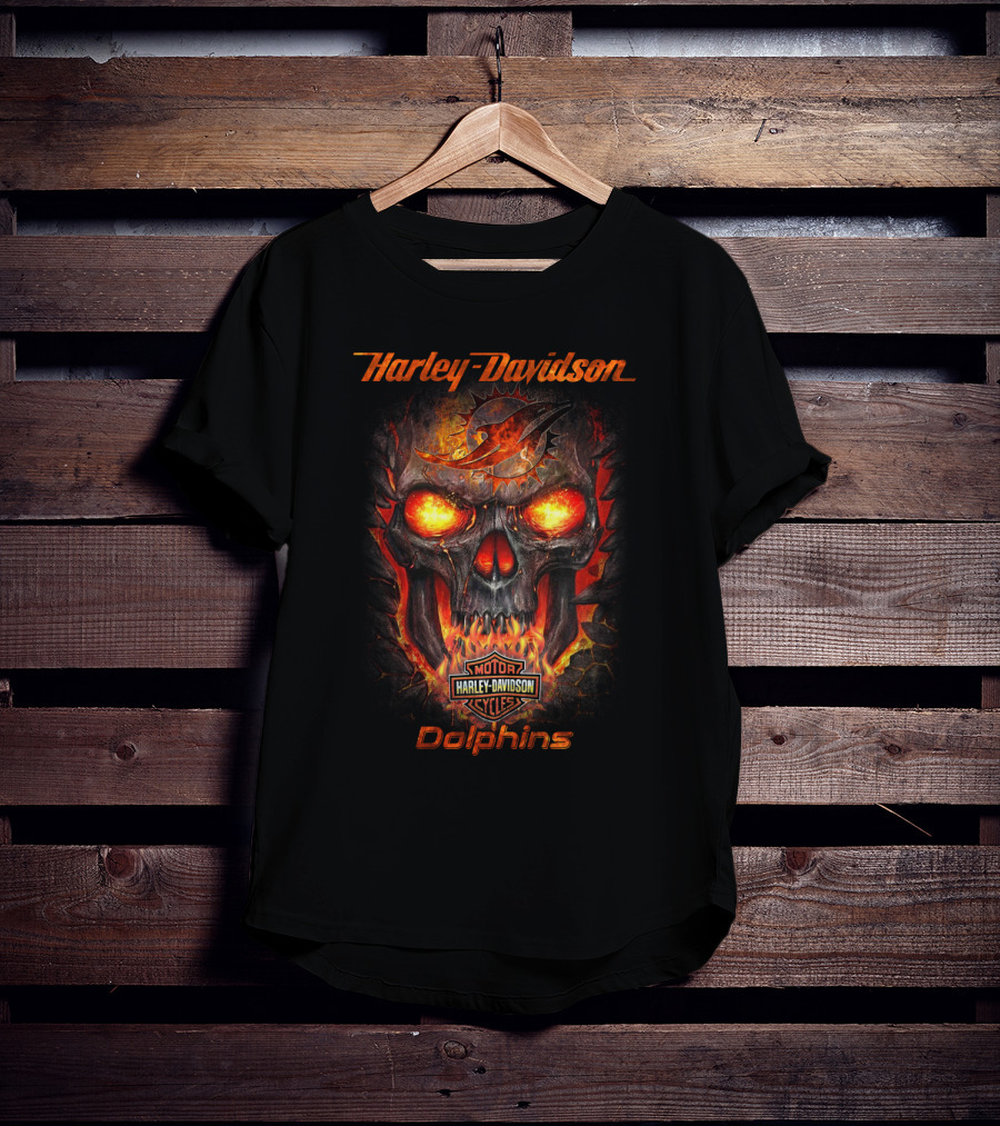 Harley Davidson Miami Dolphins Fiery Skull Logo Motorcycles T-Shirt