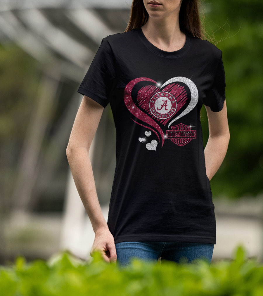 Alabama Crimson Tide Harley Davidson Heart Glitter T-Shirt
