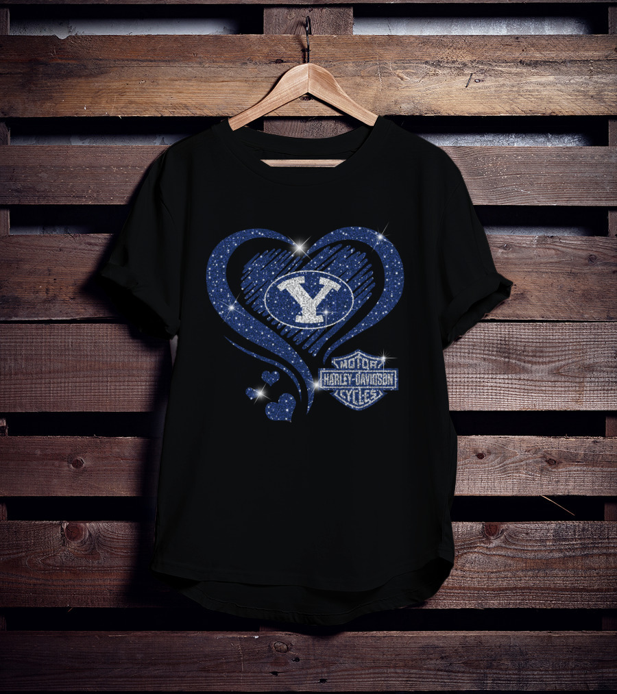 Byu Cougars Y Logo And Harley Davidson Motorcycles Blue Heart T-Shirt