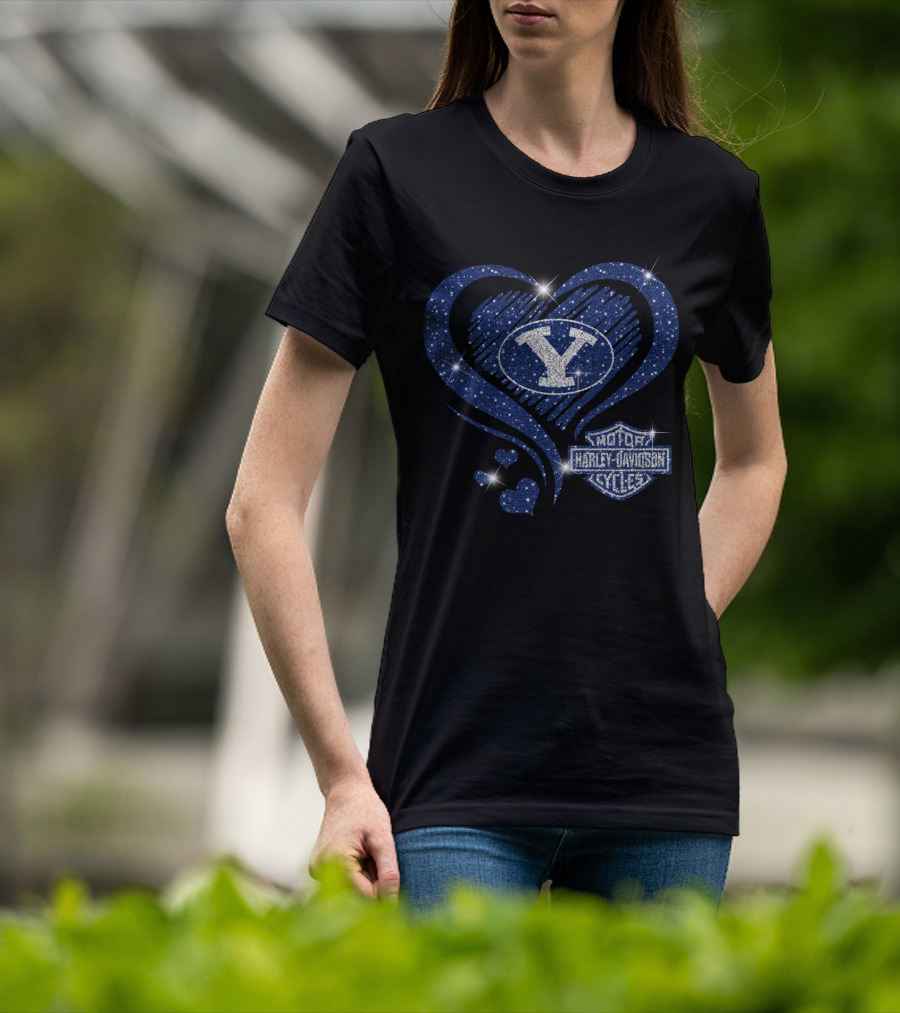 Byu Cougars Y Logo And Harley Davidson Motorcycles Blue Heart T-Shirt