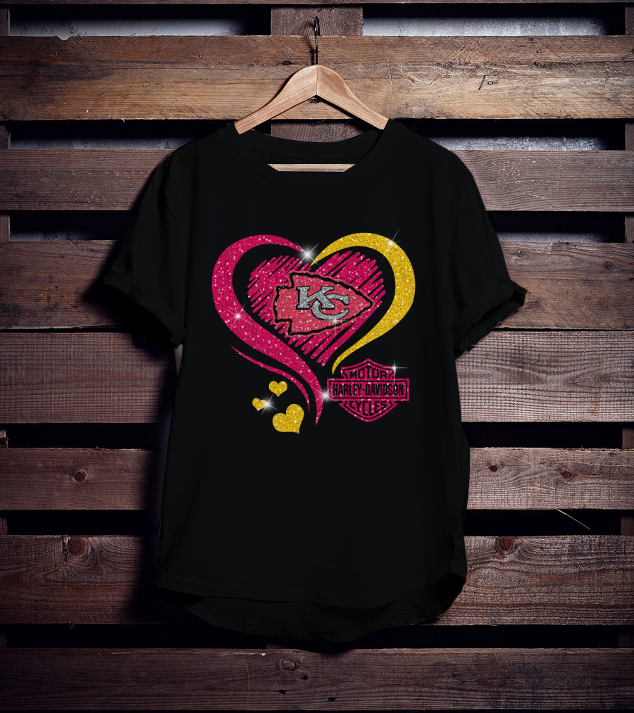 Kansas City Chiefs Harley Davidson Motorcycles Heart Kc Logo Glitter T-Shirt