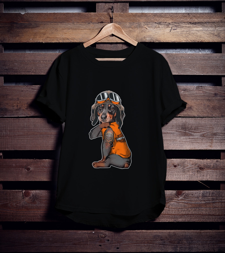 Hd Tatoo Dachshund In Harley Davidson Biker Gear T-Shirt