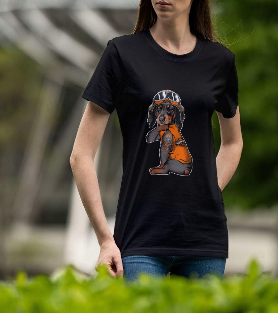 Hd Tatoo Dachshund In Harley Davidson Biker Gear T-Shirt