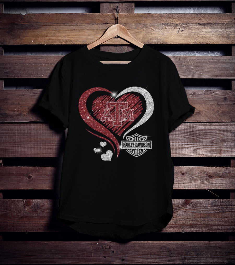 Atm Texas A&M Aggies Harley Davidson Motor Cycles Sparkling Heart T-Shirt