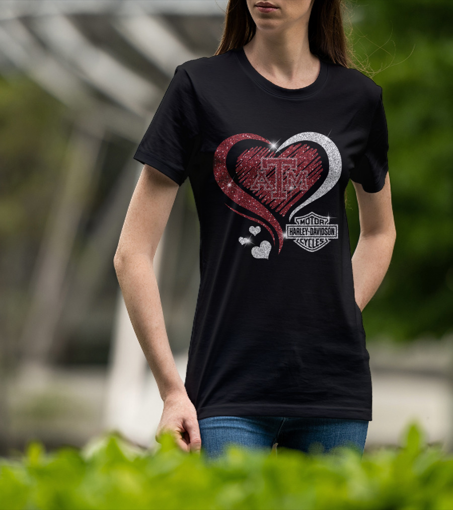 Atm Texas A&M Aggies Harley Davidson Motor Cycles Sparkling Heart T-Shirt