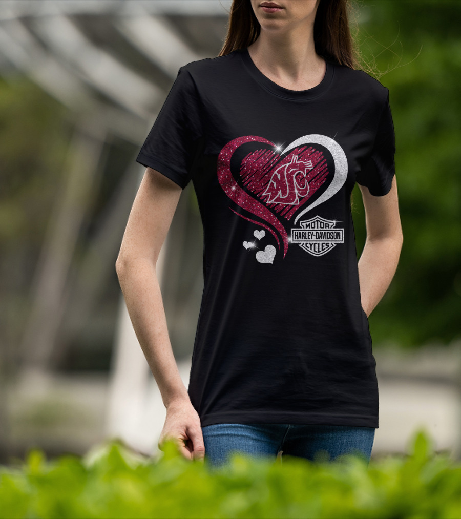 0306Hd Washington State Cougars Wsu Motor Harley Davidson Cycles Sparkling Heart Theme T-Shirt