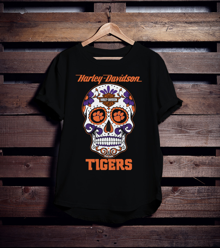 Harley Davidson Motor Cycles Clemson Tigers Skull T-Shirt