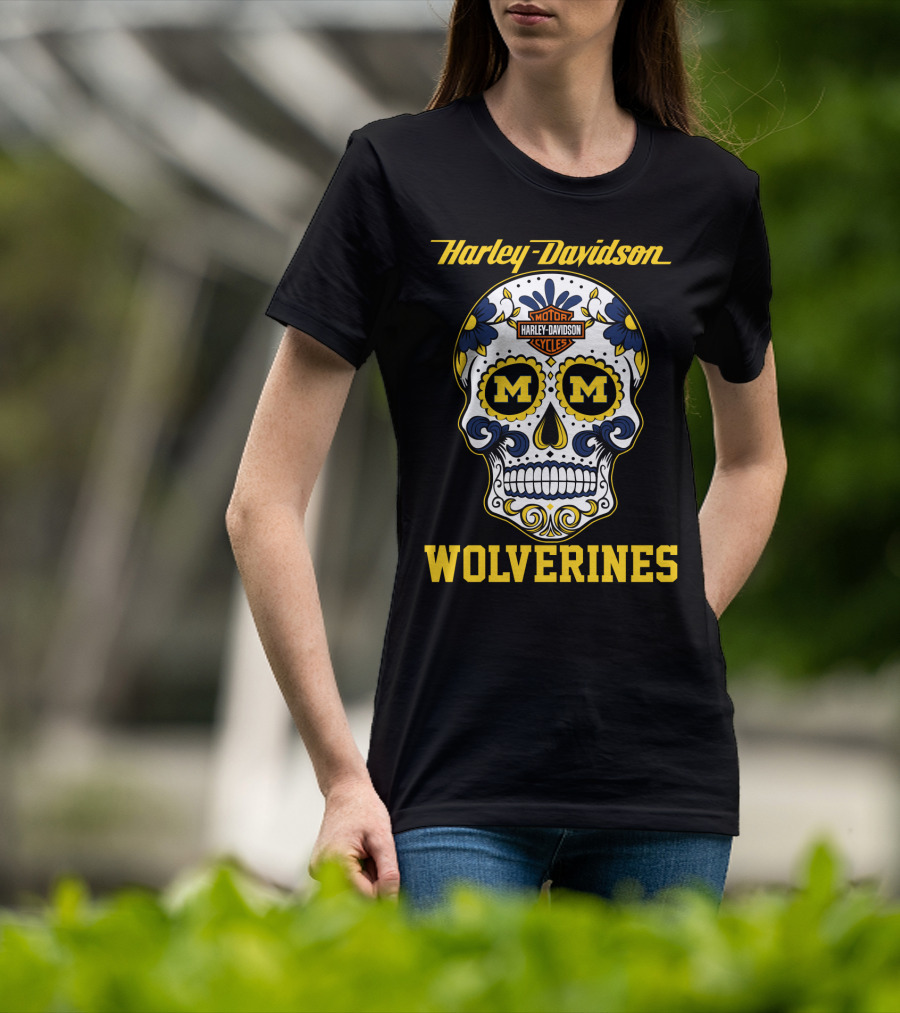 Harley Davidson Motor Cycles Michigan Wolverines Skull T-Shirt