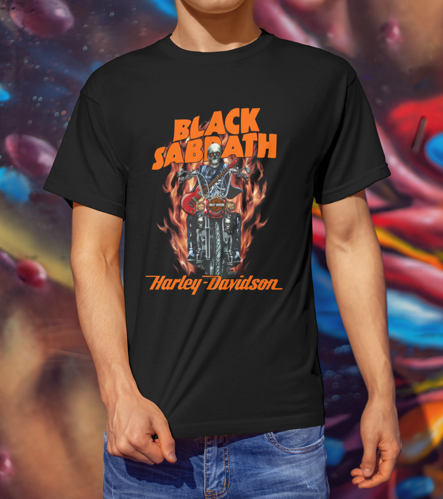 Black Sabbath Harley Davidson Skeleton Guitar Flames T-Shirt