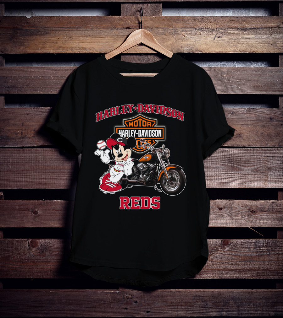 Harley Davidson Reds Cincinnati Motorcycle Mickey Mouse Baseball T-Shirt