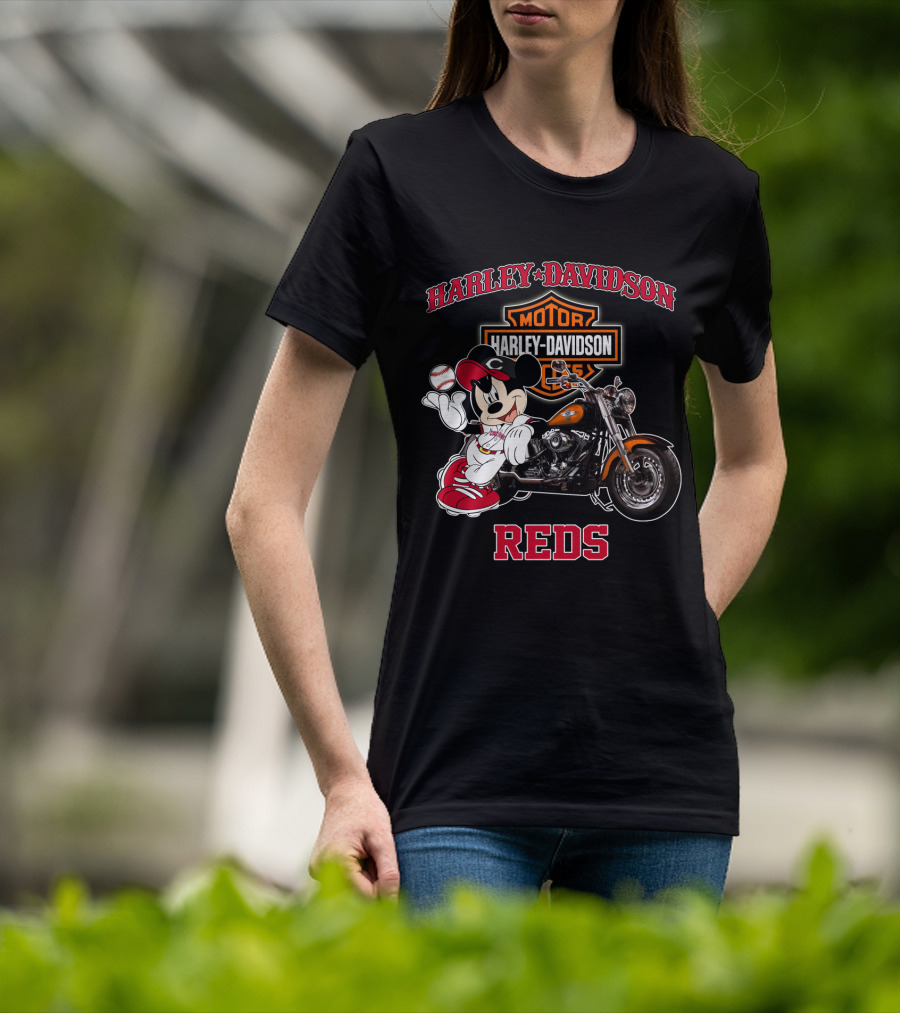 Harley Davidson Reds Cincinnati Motorcycle Mickey Mouse Baseball T-Shirt