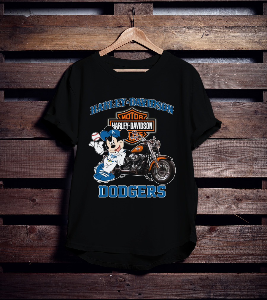 Harley Davidson Los Angeles Dodgers Mickey Mouse Motorcycle Baseball T-Shirt