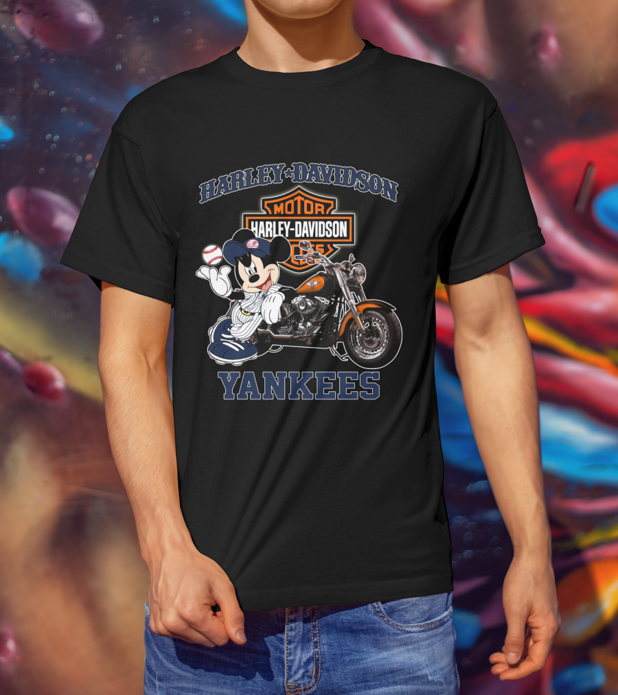Harley Davidson New York Yankees Mickey Mouse Baseball Moto T-Shirt