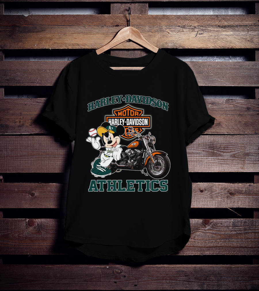 Harley Davidson Oakland Athletics With Mickey Mouse Baseball Motorcycle T-Shirt