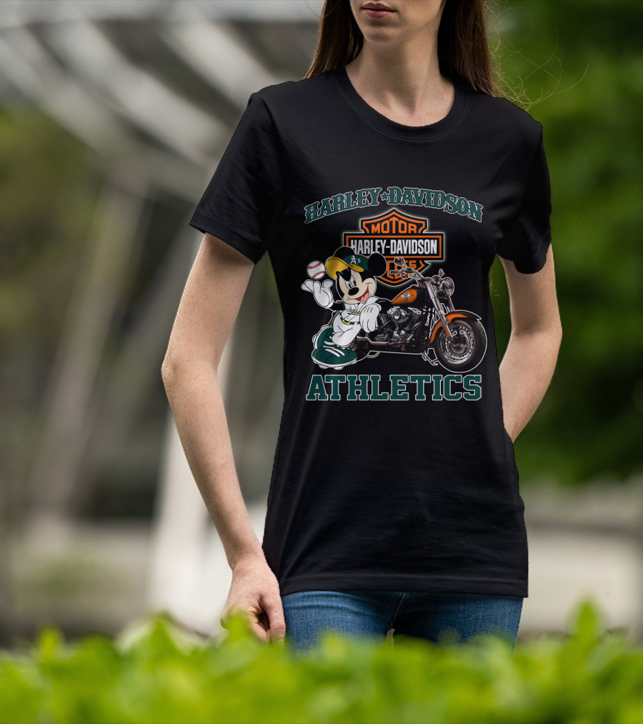 Harley Davidson Oakland Athletics With Mickey Mouse Baseball Motorcycle T-Shirt