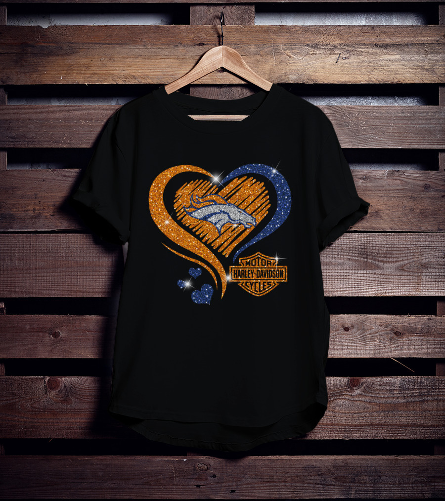 Denver Broncos Harley Davidson Sparkle Heart Nfl T-Shirt