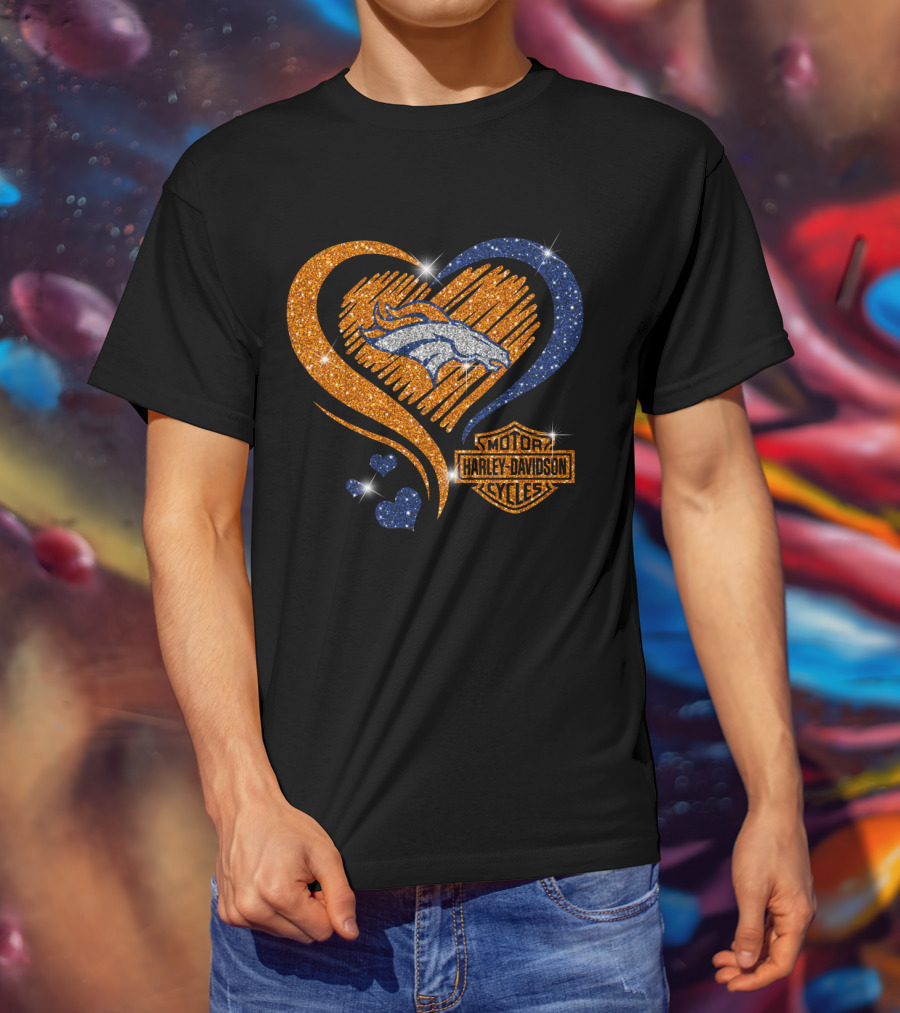Denver Broncos Harley Davidson Sparkle Heart Nfl T-Shirt