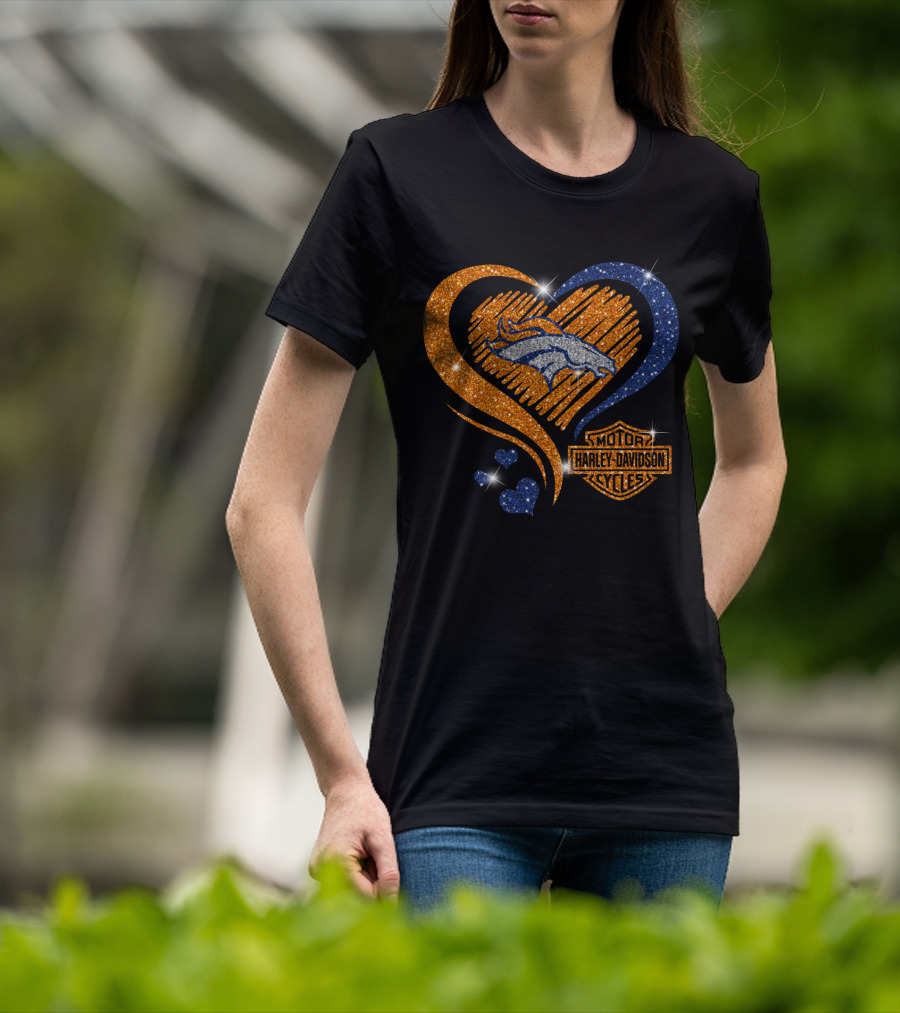 Denver Broncos Harley Davidson Sparkle Heart Nfl T-Shirt