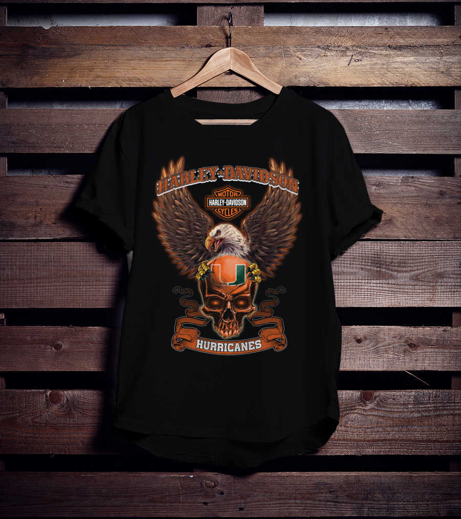 Harley Davidson Motor Cycles Miami Hurricanes Eagle Skull T-Shirt