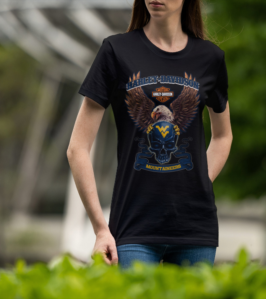 Harley Davidson Motor Cycles West Virginia Mountaineers Eagle Skull T-Shirt