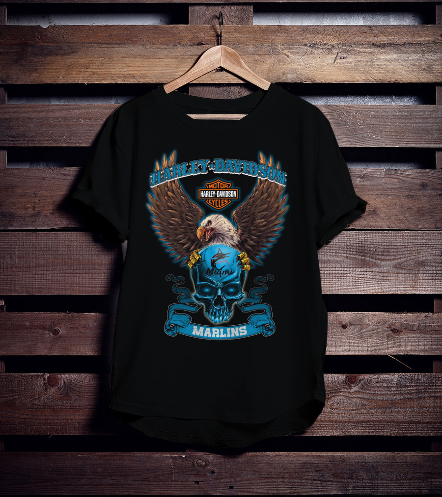 Harley Davidson Miami Marlins Eagle Skull T-Shirt