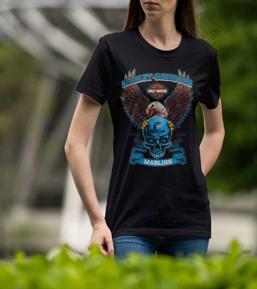Harley Davidson Miami Marlins Eagle Skull T-Shirt