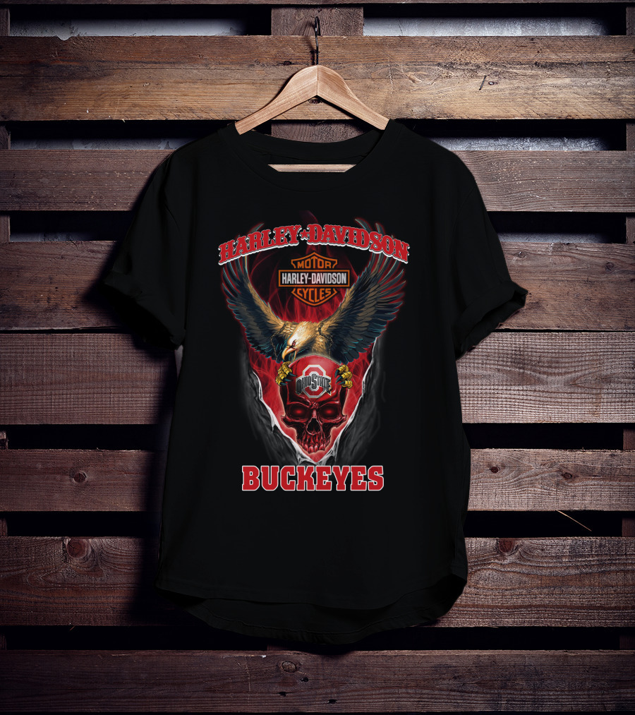 Harley Davidson Motor Cycles Eagle Ohio State Skull Buckeyes T-Shirt