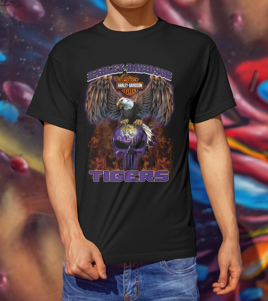 Harley Davidson Lsu Tigers Eagle And Skull T-Shirt