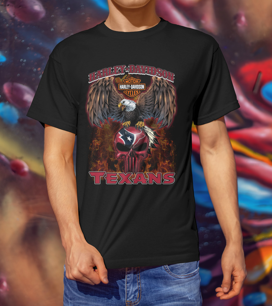 Harley Davidson Motorcycles Texans Eagle Skull Texas Flag T-Shirt