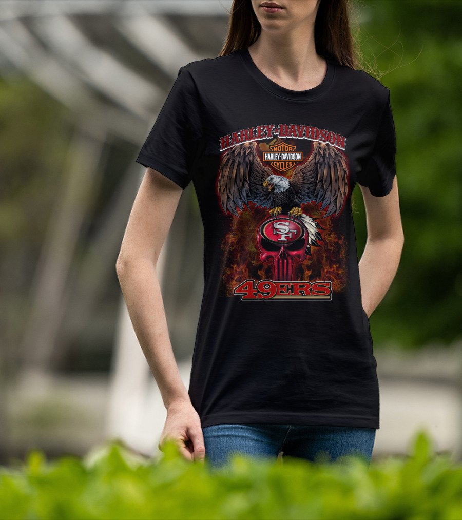 Harley Davidson Motor Cycles 49ers Sf Eagle Flames T-Shirt