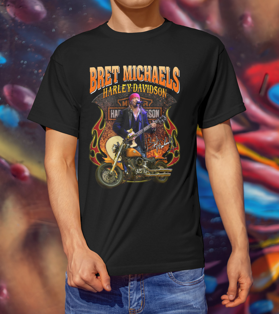 Bret Michaels Harley Davidson Motorcycle Concert Performance Signature T-Shirt