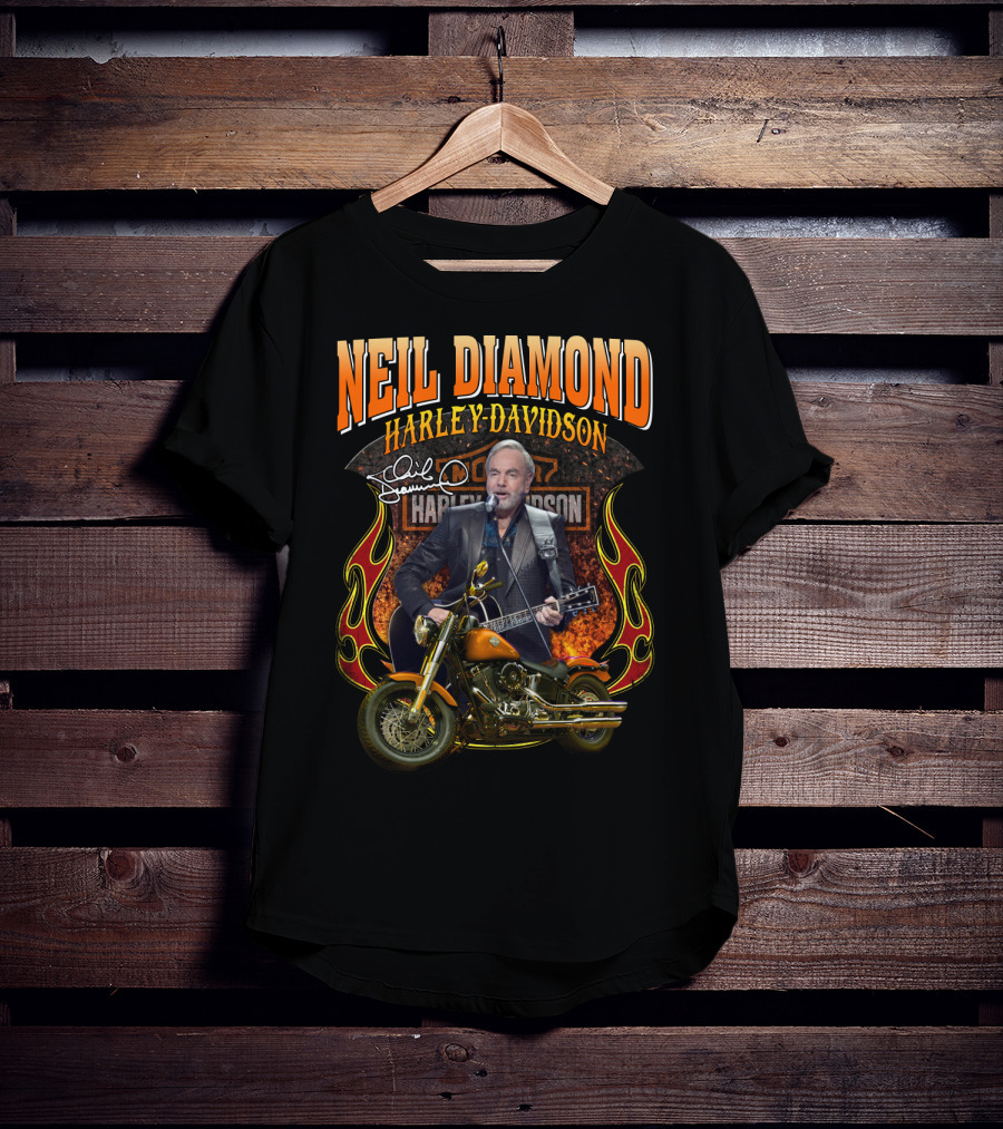 Neil Diamond Harley Davidson Motorcycle Flames Signature T-Shirt