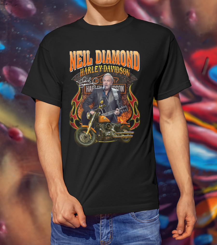 Neil Diamond Harley Davidson Motorcycle Flames Signature T-Shirt