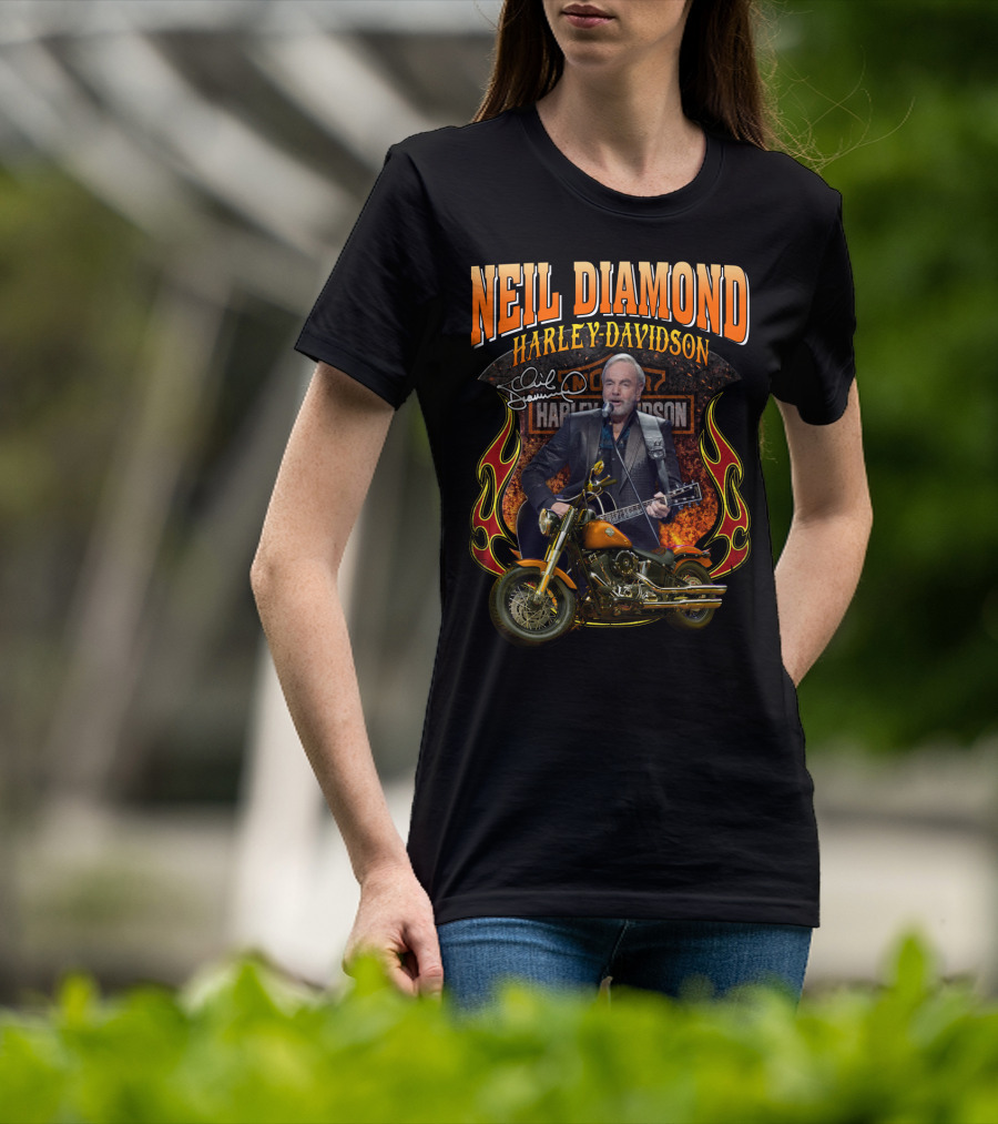 Neil Diamond Harley Davidson Motorcycle Flames Signature T-Shirt