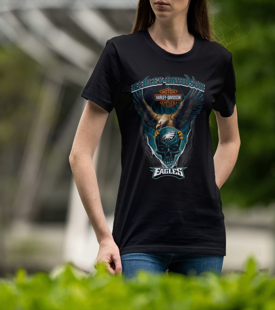 Harley Davidson Motor Cycles Philadelphia Eagles Eagle Skull T-Shirt