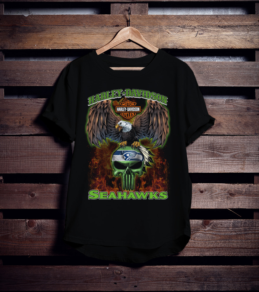 Harley Davidson Seahawks Motorcycles Eagle Skull T-Shirt