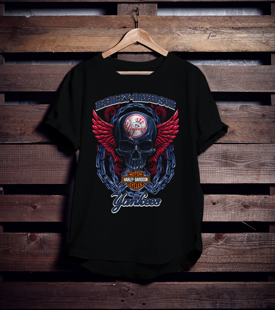 Harley Davidson Yankees Skull With Wings And Chains T-Shirt