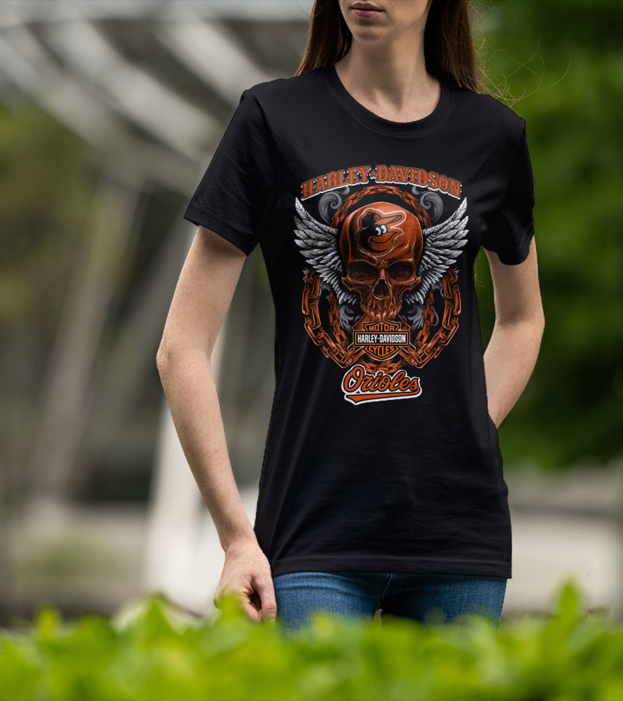 Harley Davidson Wings Skull With Baltimore Orioles Logo And Chain Elements T-Shirt