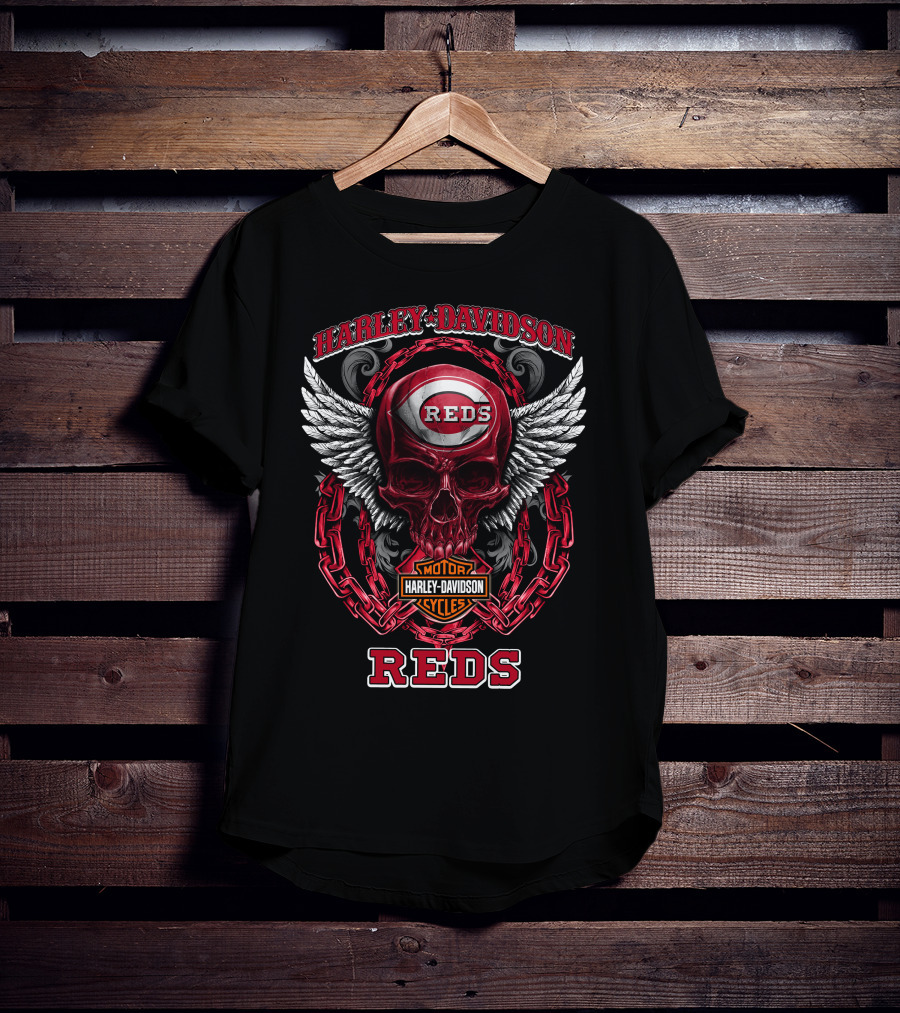 Harley Davidson Cincinnati Reds Skull Wings Chain T-Shirt