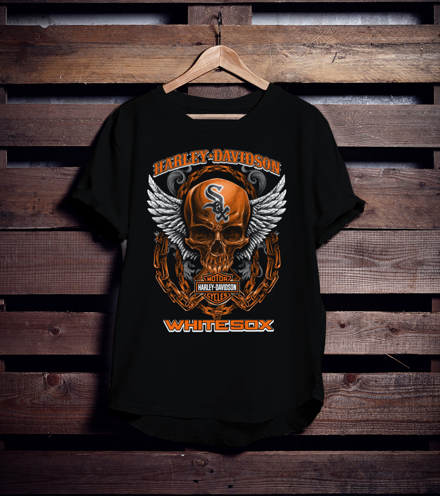Harley Davidson Motor Cycles Skull Chain Wings Whitesox T-Shirt