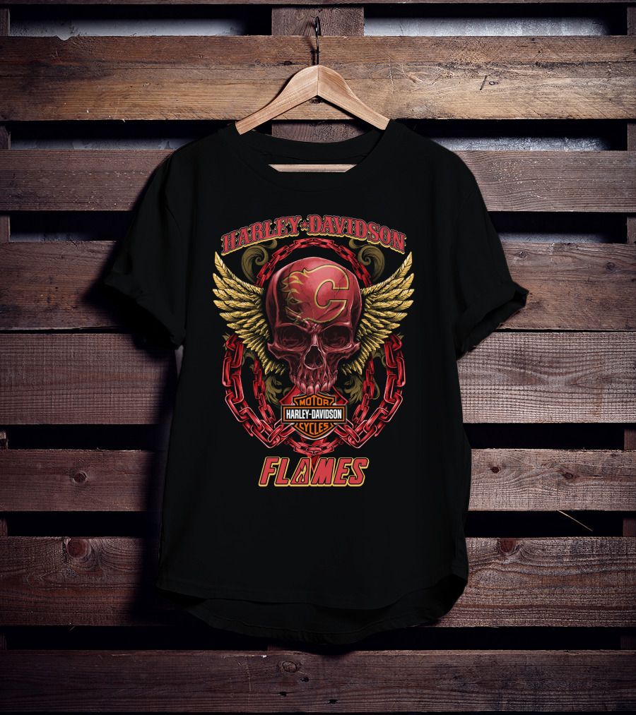 Harley Davidson Calgary Flames Skull Wings Chains T-Shirt
