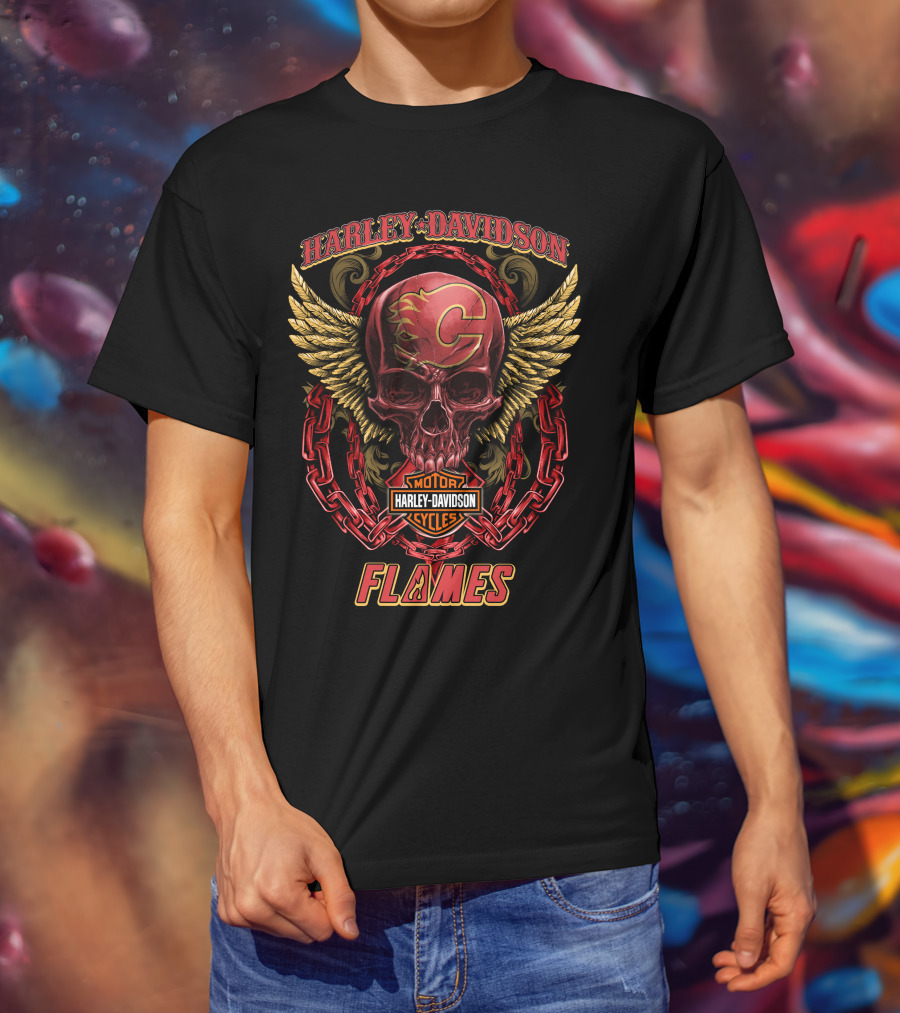 Harley Davidson Calgary Flames Skull Wings Chains T-Shirt