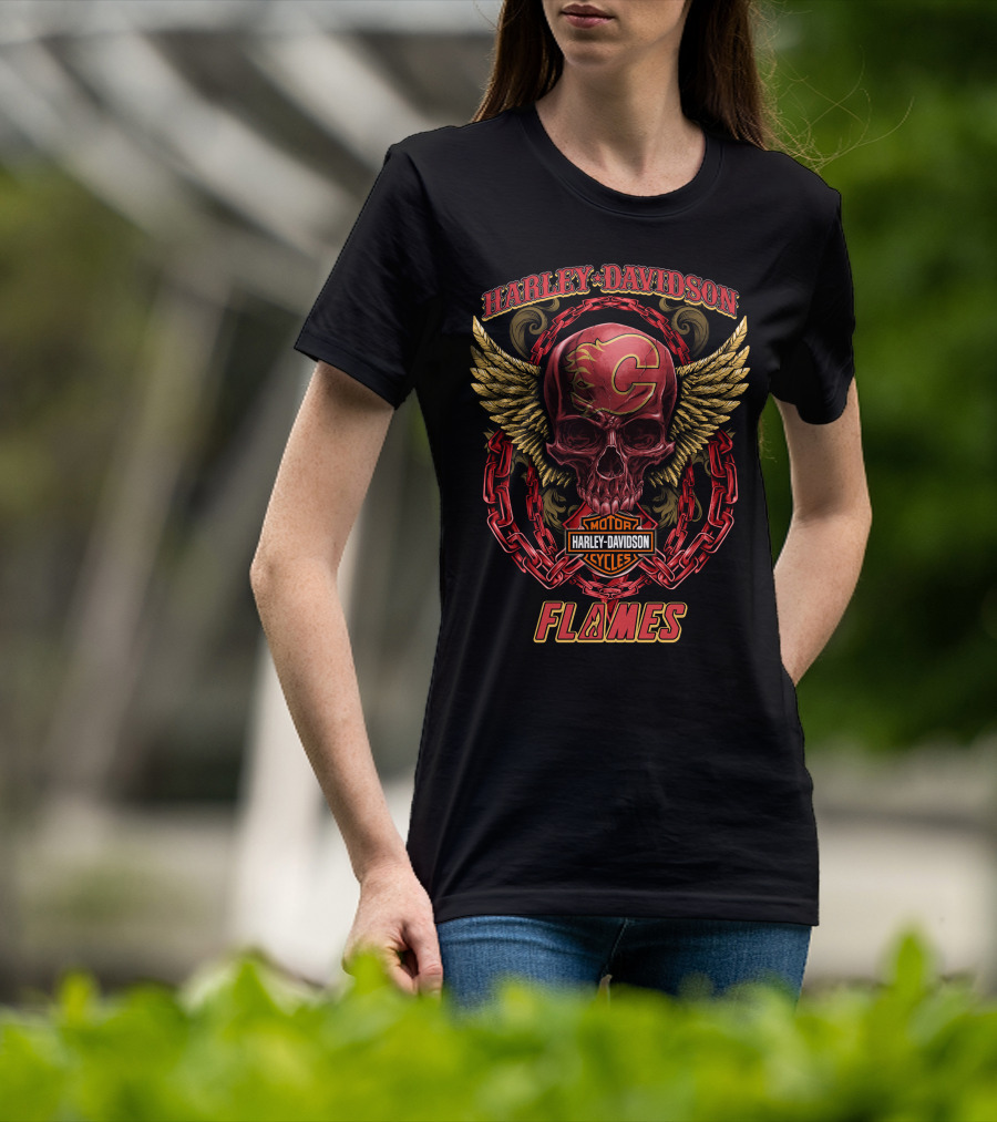 Harley Davidson Calgary Flames Skull Wings Chains T-Shirt